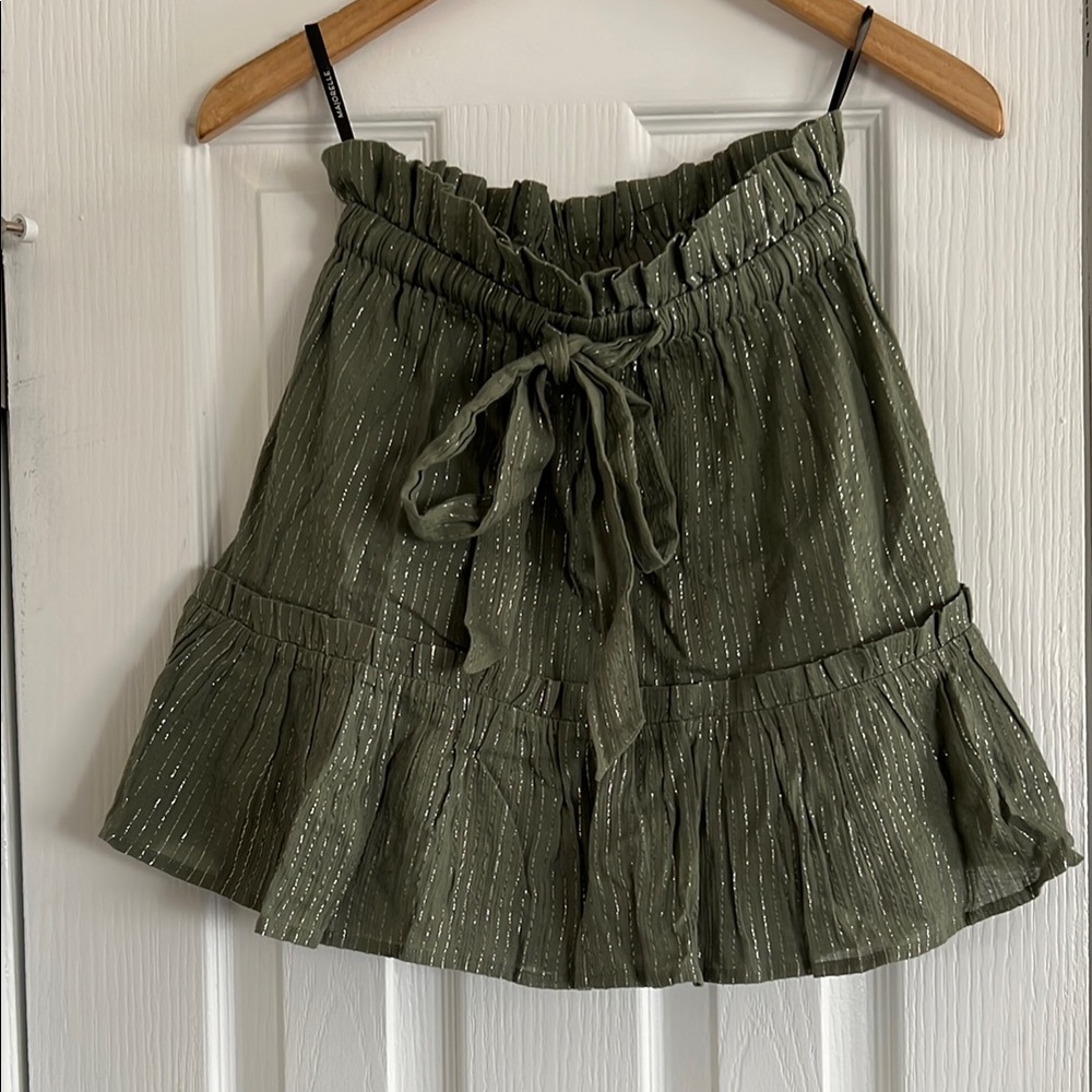 Fully lined Green Ruffled Skirt with silver threading. Adjustable Tie Waist.